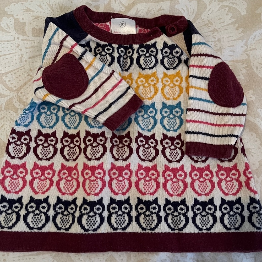 Girls Owl Pattern Knit Dress with Striped Sleeves - Multicolor